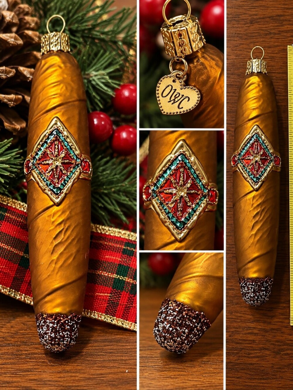 Vintage O.W.C. Glass Cigar Christmas Ornament
